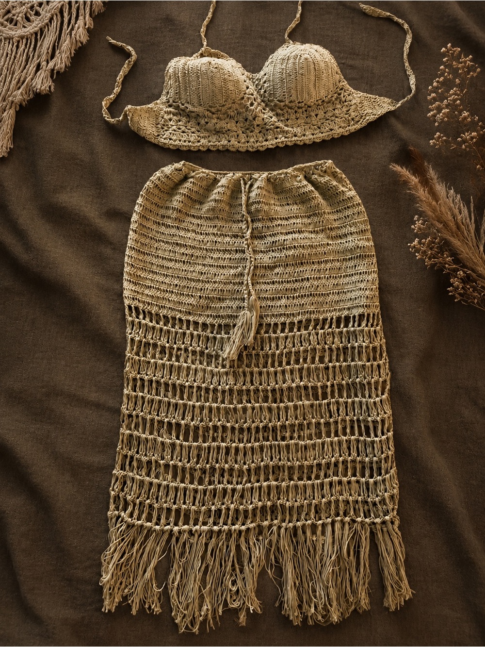 New Handmade Crochet Set, Fringe Midi Skirt and Top - Tan - Picture 3 of 5
